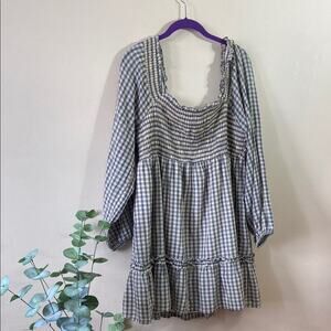 American Eagle AE Long Sleeve Plaid Blue Yellow Ruffled Mini Dress Fall Cute